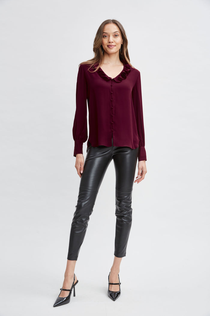 Elie Tahari Silk Ruffle Neck Shirt SANGRIA