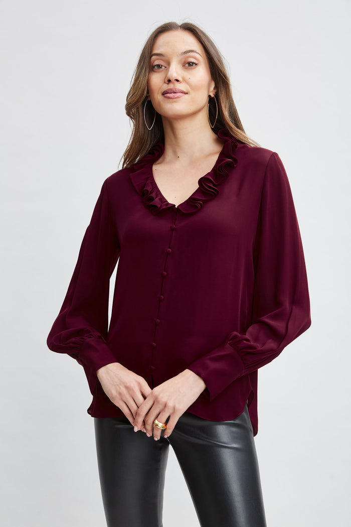 Elie Tahari Silk Ruffle Neck Shirt SANGRIA