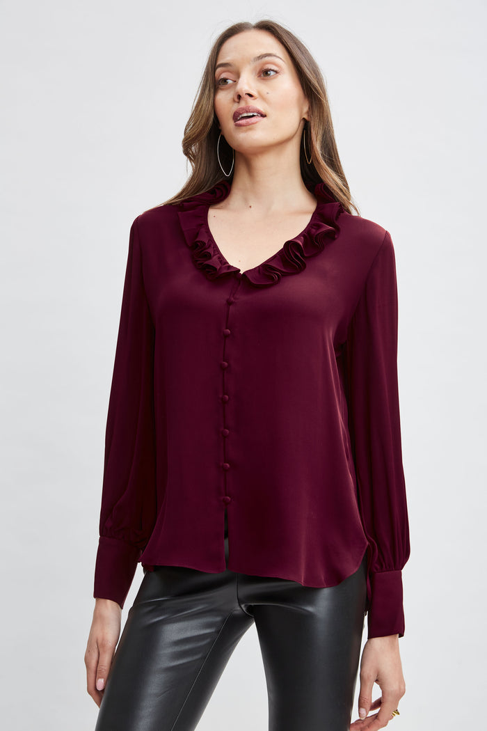 Elie Tahari Silk Ruffle Neck Shirt SANGRIA