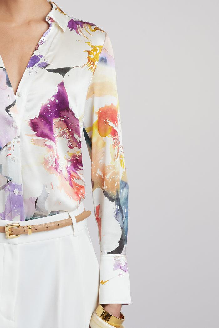 Elie Tahari Silk Satin Bloom Shirt MULTI