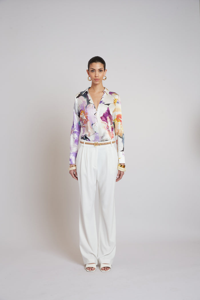 Elie Tahari Silk Satin Bloom Shirt MULTI