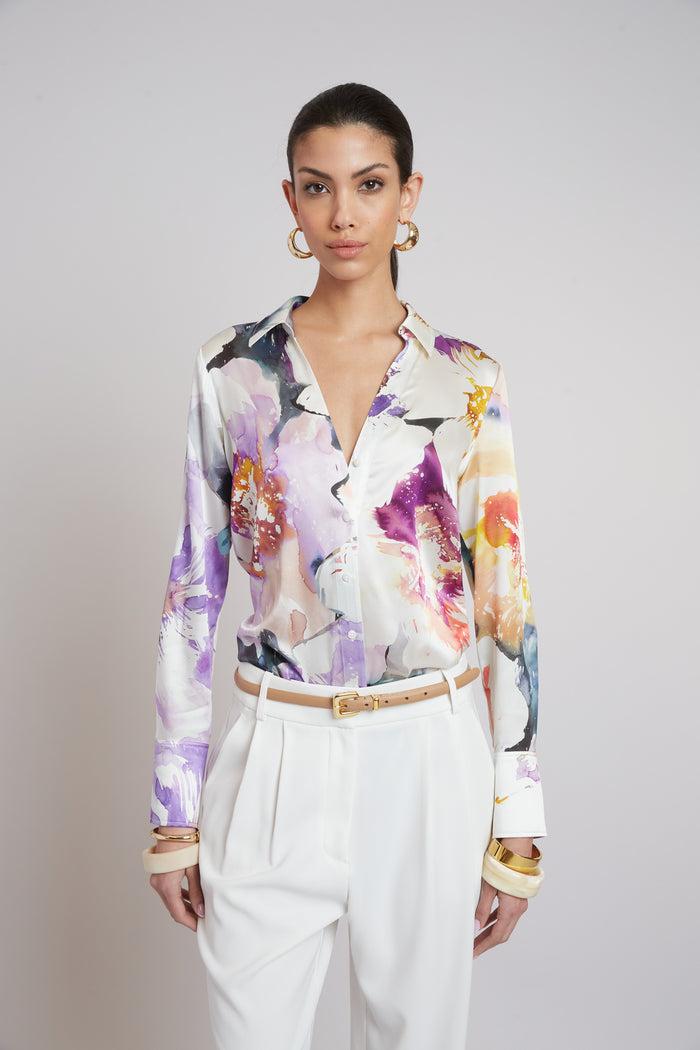 Elie Tahari Silk Satin Bloom Shirt MULTI