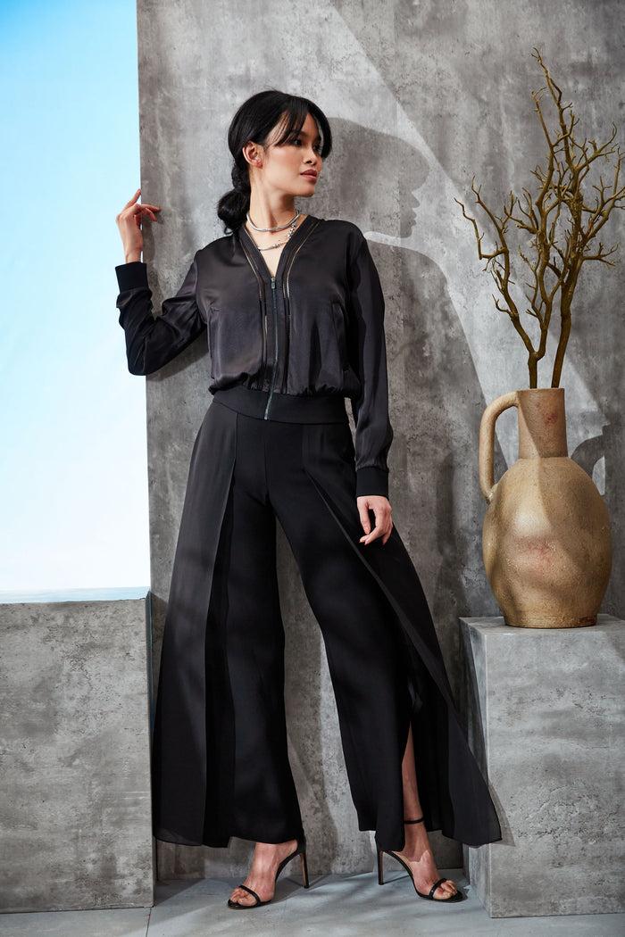 Elie Tahari Silk Satin Bomber Jacket BLACK