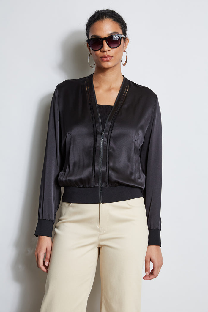 Elie Tahari Silk Satin Bomber Jacket BLACK