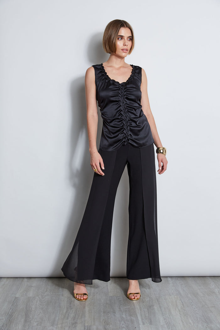 Elie Tahari Silk Satin Braid Ruched Top BLACK