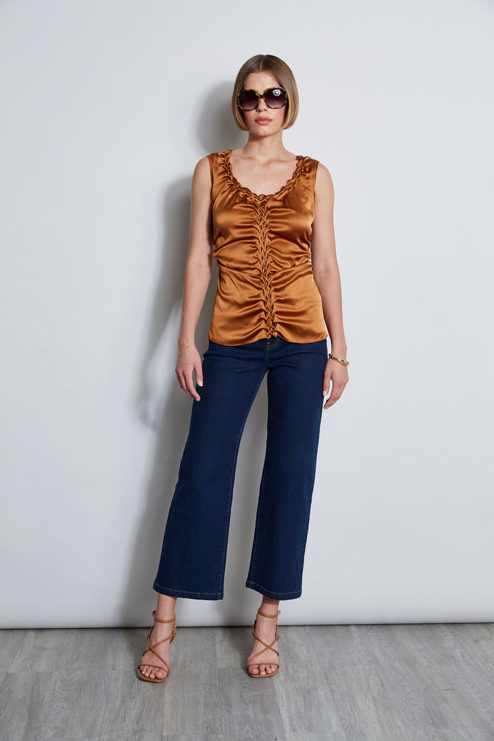 Elie Tahari Silk Satin Braid Ruched Top COPPER