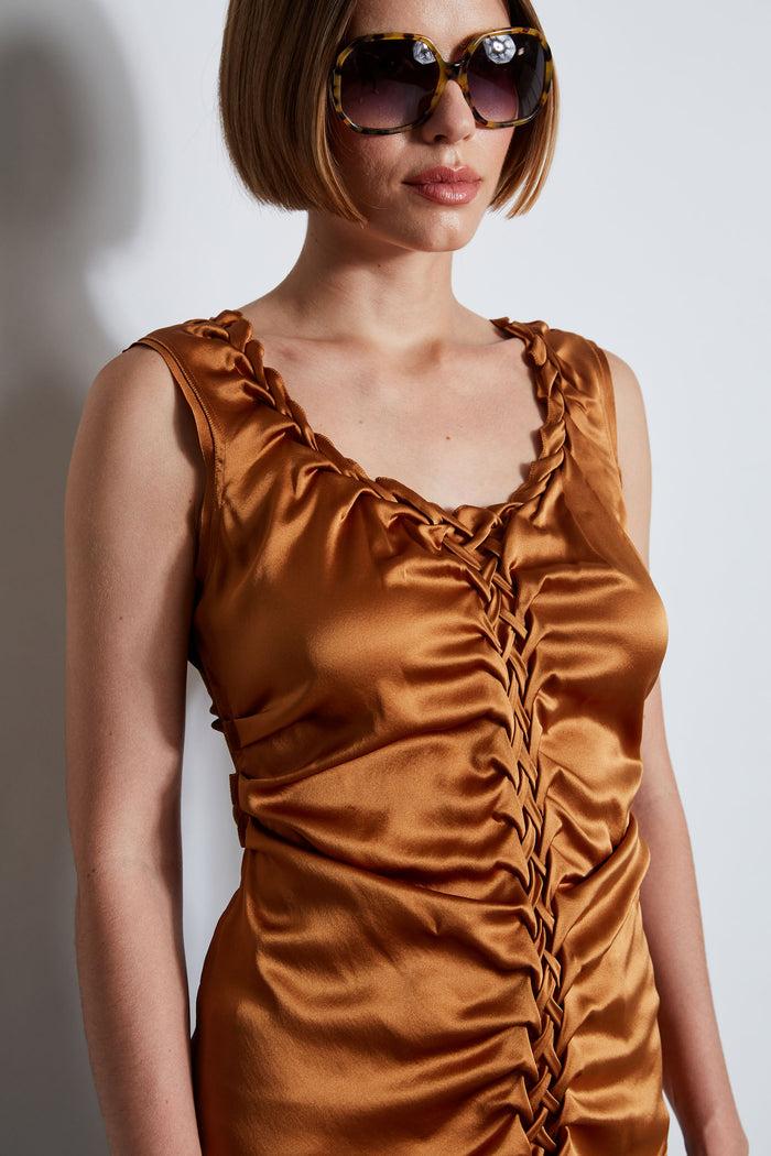 Elie Tahari Silk Satin Braid Ruched Top COPPER