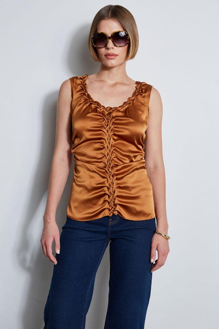 Elie Tahari Silk Satin Braid Ruched Top COPPER