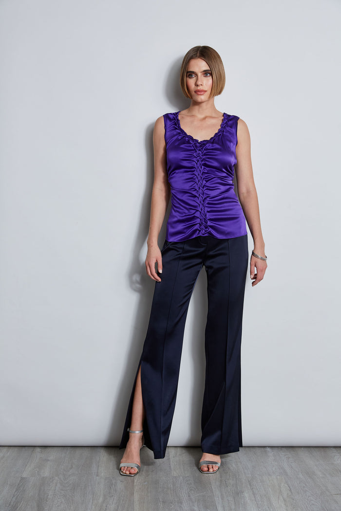 Elie Tahari Silk Satin Braid Ruched Top GRAPE