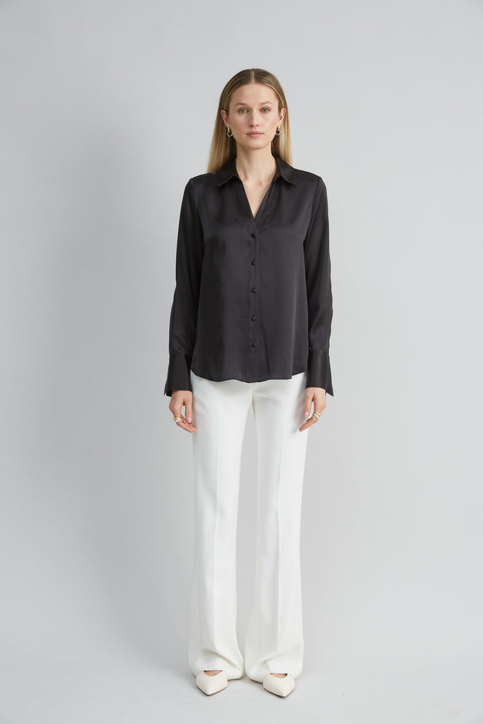 Elie Tahari Silk Satin Button Down Shirt BLACK
