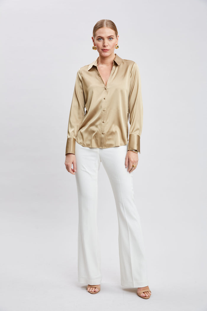 Elie Tahari Silk Satin Button Down Shirt CASHEW