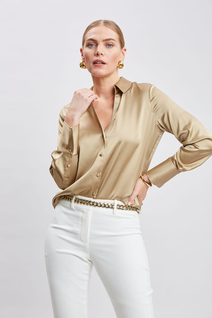 Elie Tahari Silk Satin Button Down Shirt CASHEW