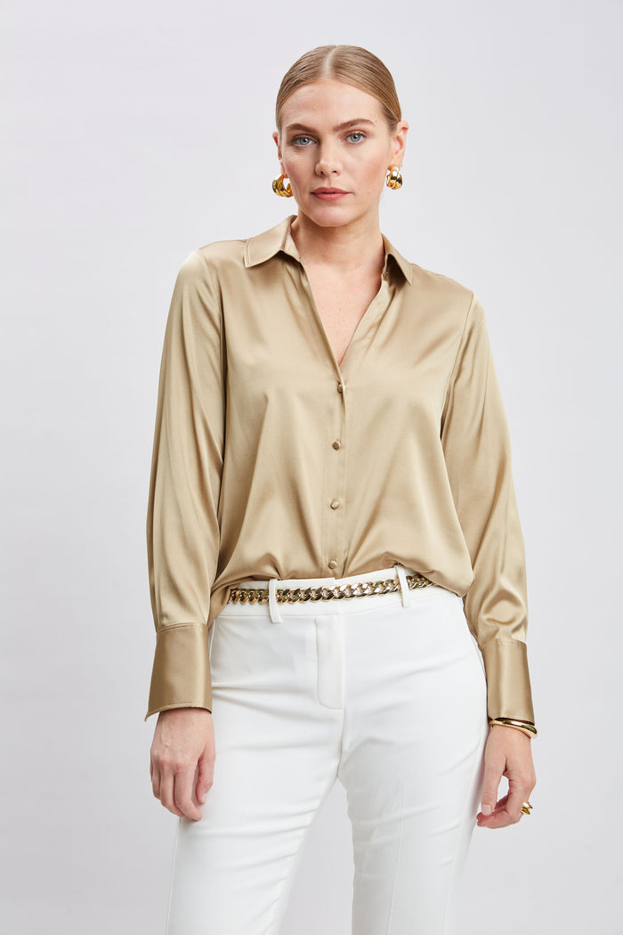 Elie Tahari Silk Satin Button Down Shirt CASHEW