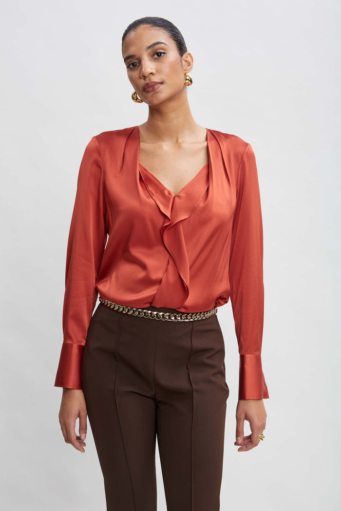 Elie Tahari Silk Satin Contour Ruffle Shirt RUSSET