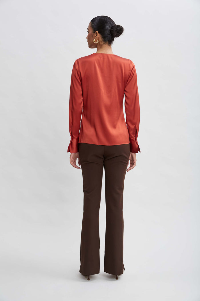Elie Tahari Silk Satin Contour Ruffle Shirt RUSSET