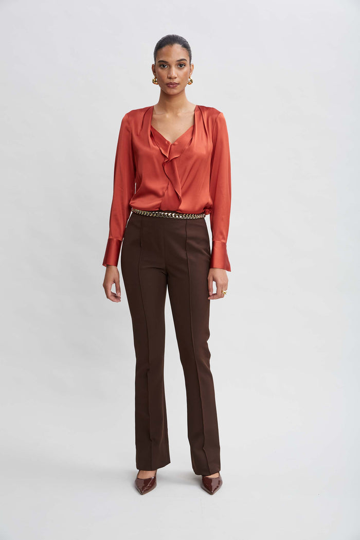 Elie Tahari Silk Satin Contour Ruffle Shirt RUSSET