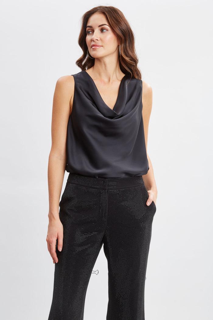 Elie Tahari Silk Satin Cowl Neck Top Noir