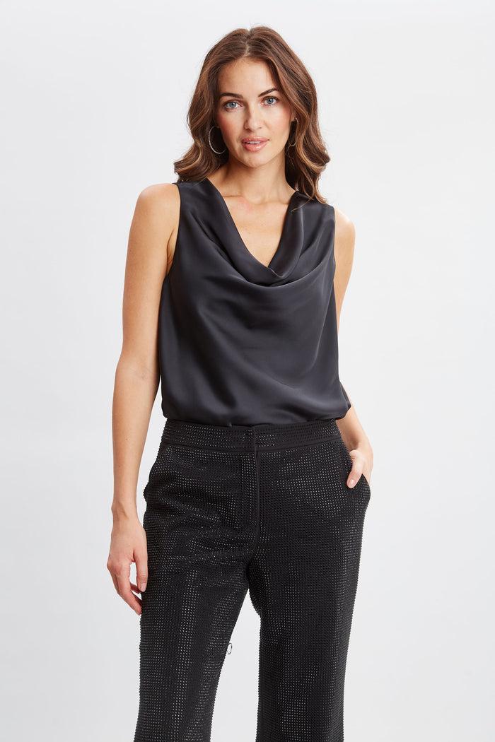 Elie Tahari Silk Satin Cowl Neck Top Noir