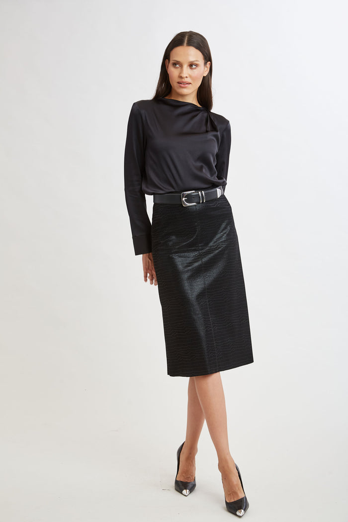 Elie Tahari Silk Satin Draped Neck Shirt BLACK