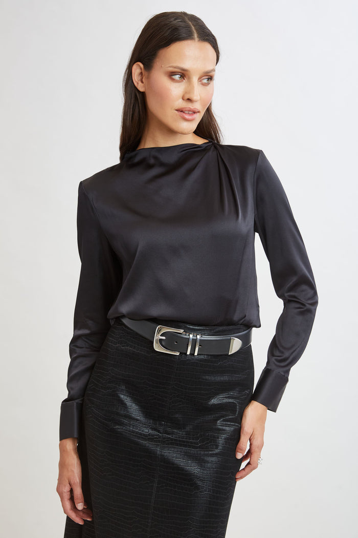 Elie Tahari Silk Satin Draped Neck Shirt BLACK