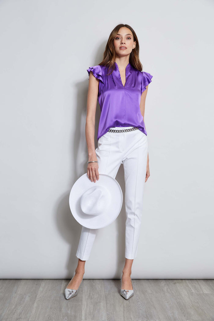 Elie Tahari Silk Satin Flutter Sleeve Shirt VIOLET