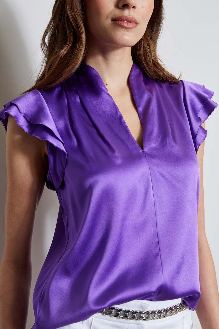 Elie Tahari Silk Satin Flutter Sleeve Shirt VIOLET