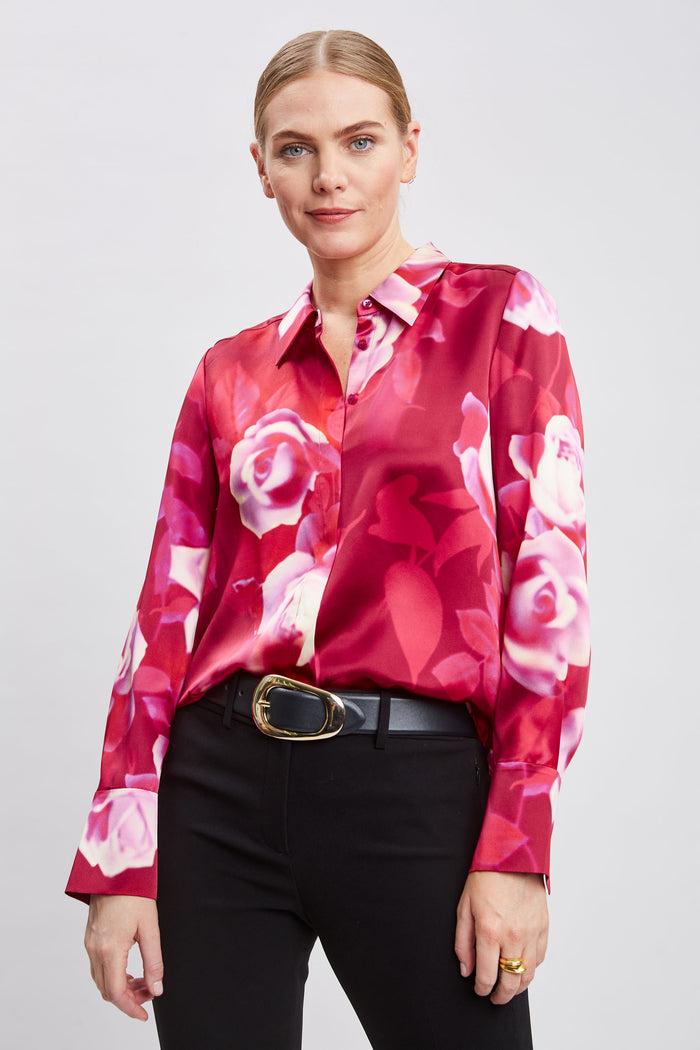 Elie Tahari Silk Satin Moulin Rouge Shirt MULTI