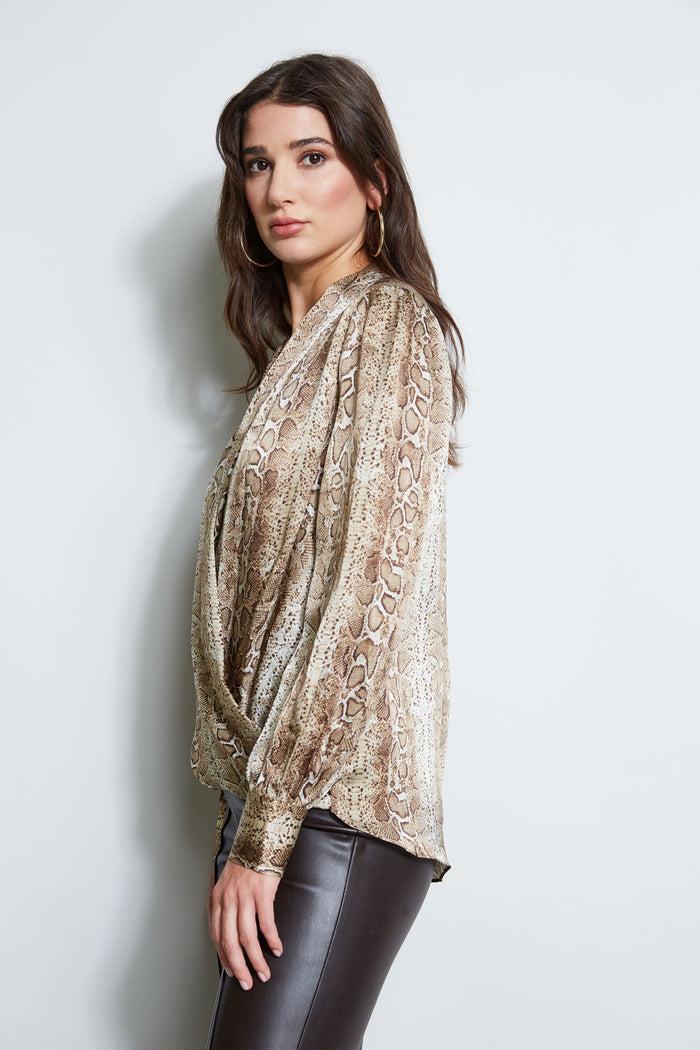 Elie Tahari Silk Satin Python Draped Shirt MULTI