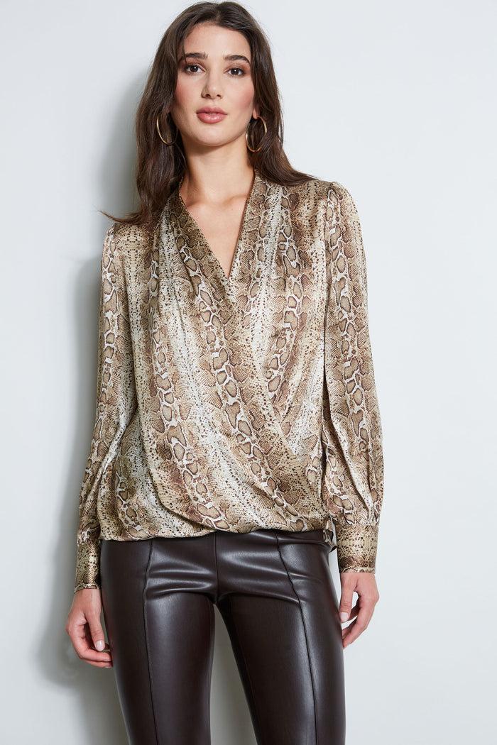 Elie Tahari Silk Satin Python Draped Shirt MULTI