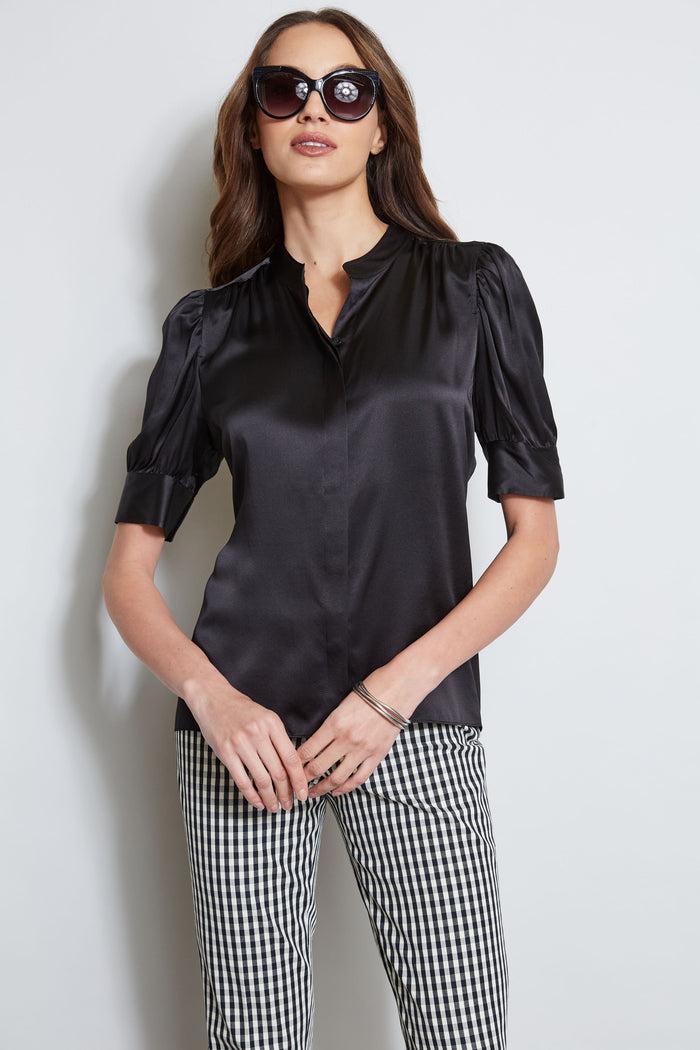 Elie Tahari Silk Satin Ruched Sleeve Shirt BLACK