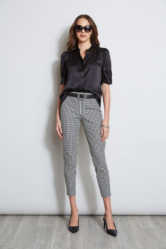 Elie Tahari Silk Satin Ruched Sleeve Shirt BLACK