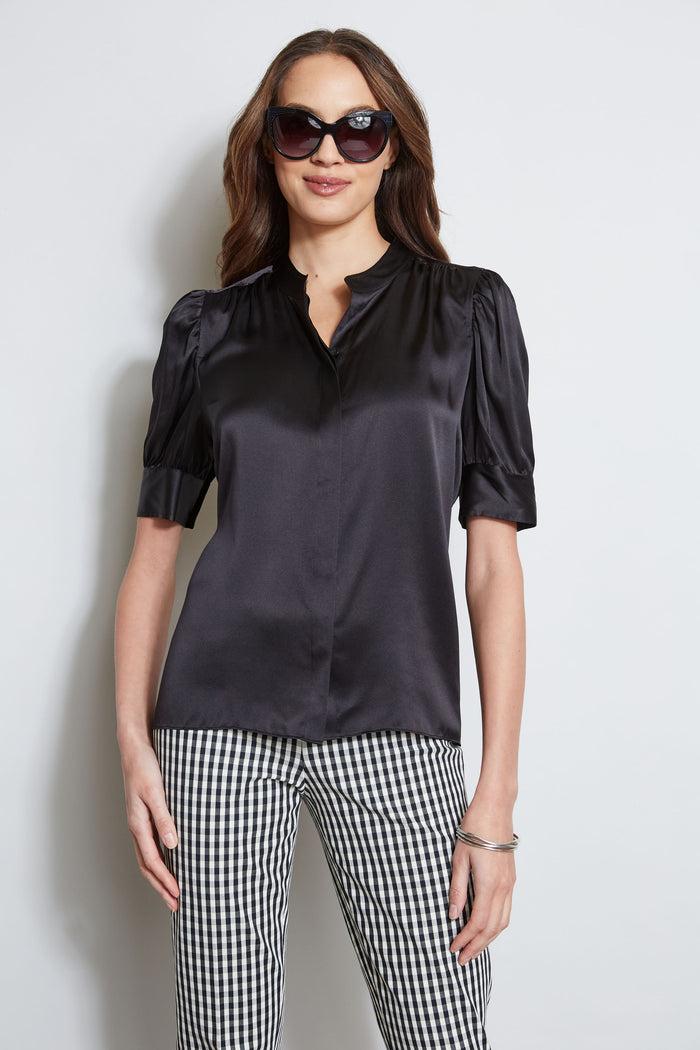 Elie Tahari Silk Satin Ruched Sleeve Shirt BLACK