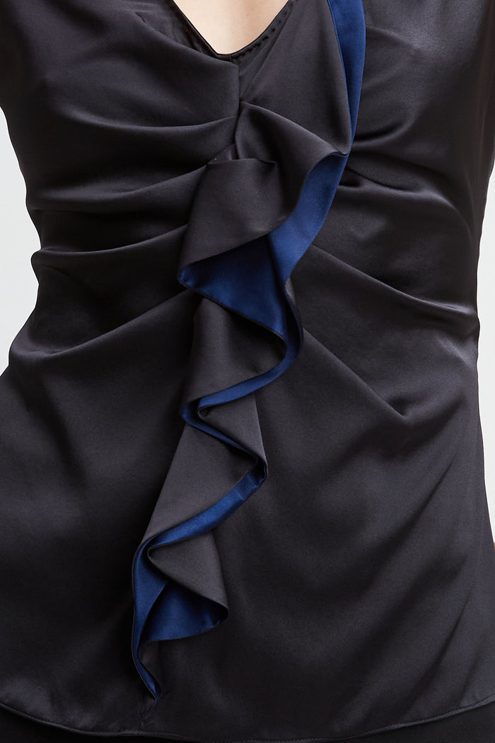Elie Tahari Silk Satin Sleeveless Ruffle Top BLACK