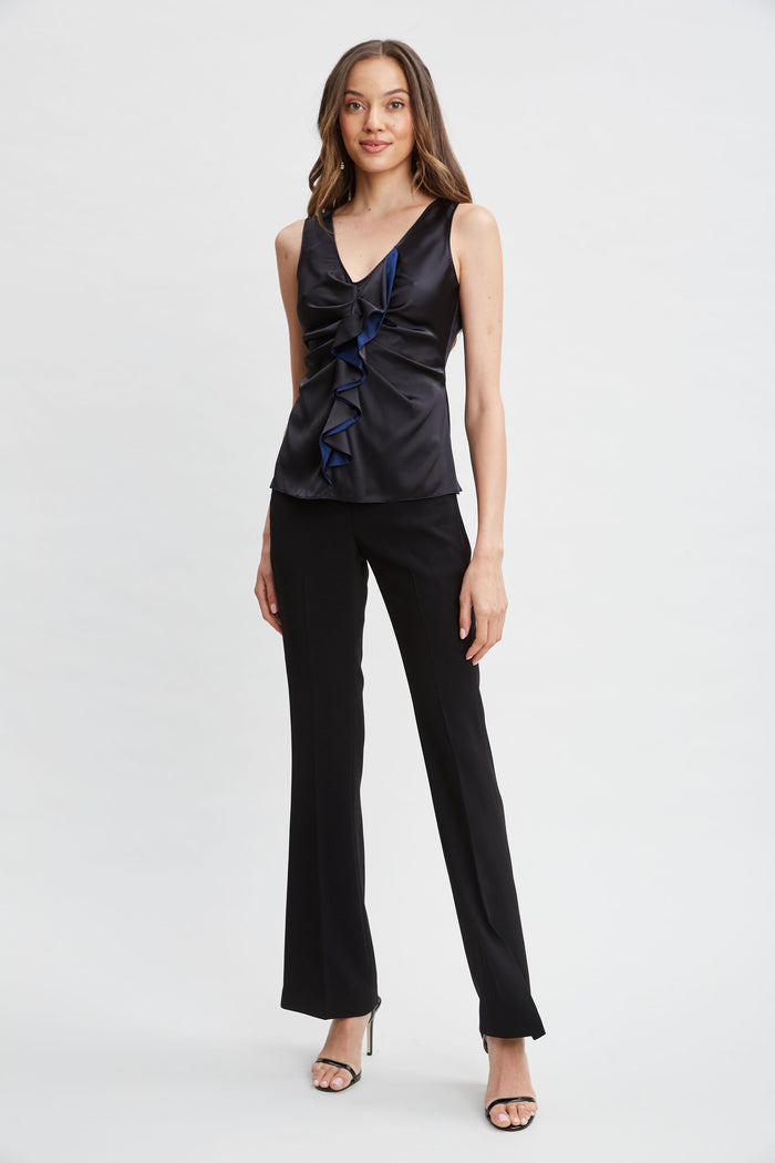 Elie Tahari Silk Satin Sleeveless Ruffle Top BLACK