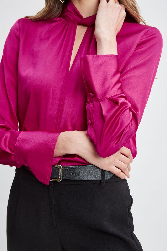 Elie Tahari Silk Satin Twist Neck Shirt ROSE