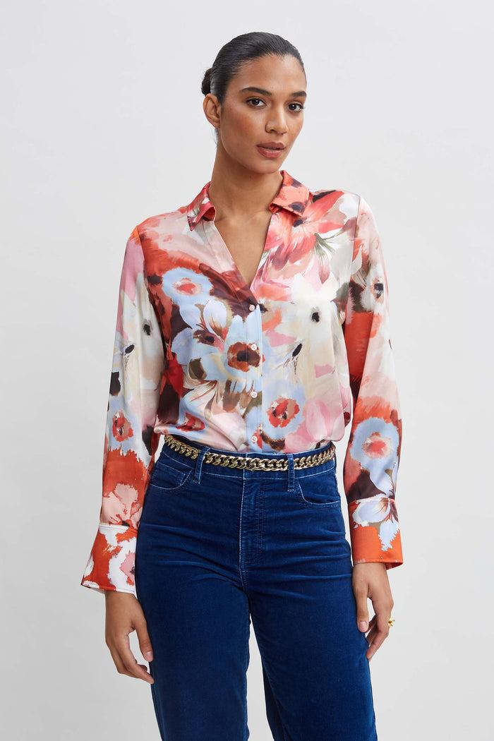 Elie Tahari Silk Satin Wintergarden Shirt MULTI