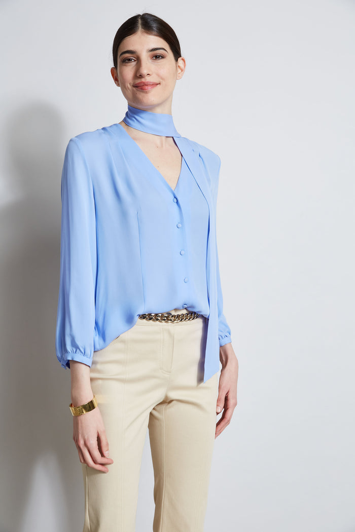 Elie Tahari Silk Tie Button Shirt HORIZON BLUE