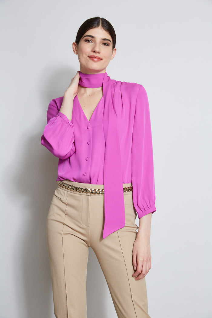 Elie Tahari Silk Tie Button Shirt PEONY