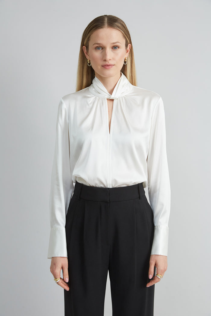 Elie Tahari Silk Twist Neck Shirt FRESH PEARL