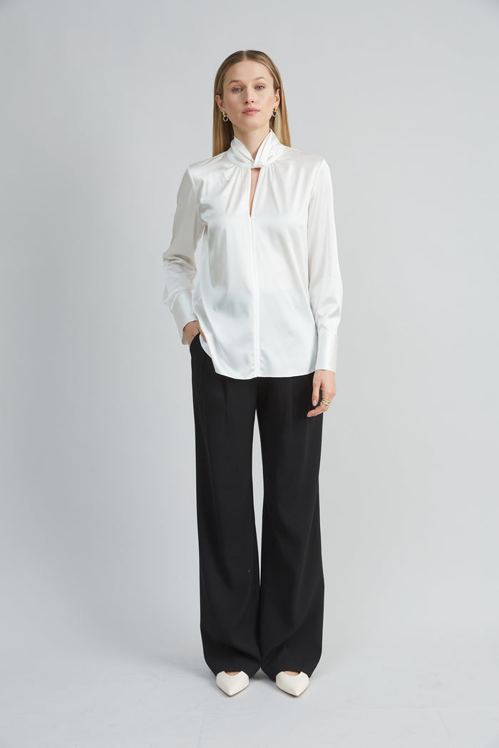 Elie Tahari Silk Twist Neck Shirt FRESH PEARL