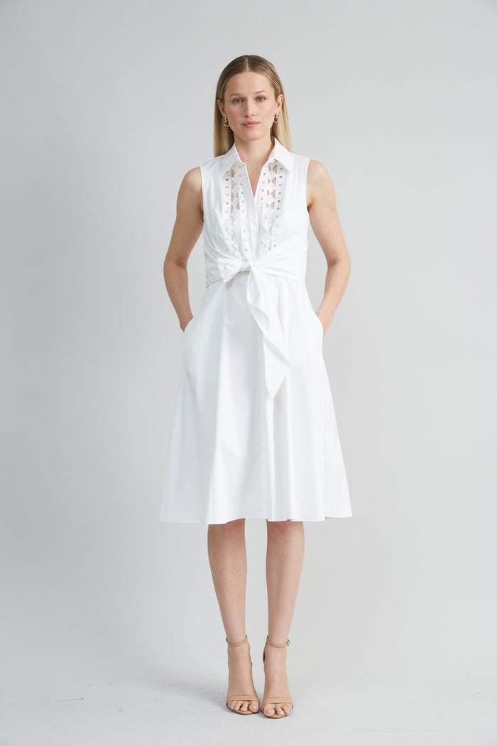 Elie Tahari Sleeveless Cotton Tie Dress WHITE