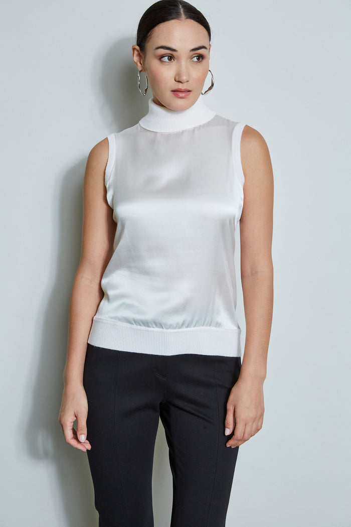 Elie Tahari Sleeveless Satin Front Sweater SNOW