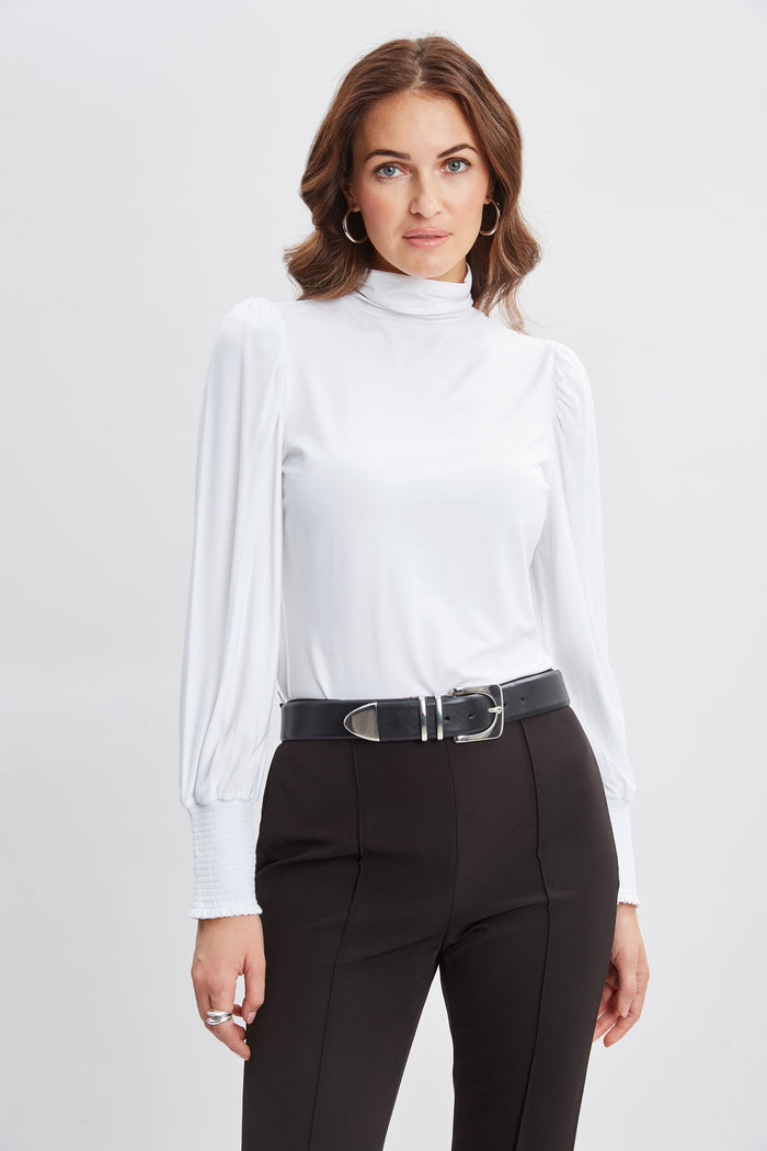 Elie Tahari Smocked Turtleneck Knit WHITE
