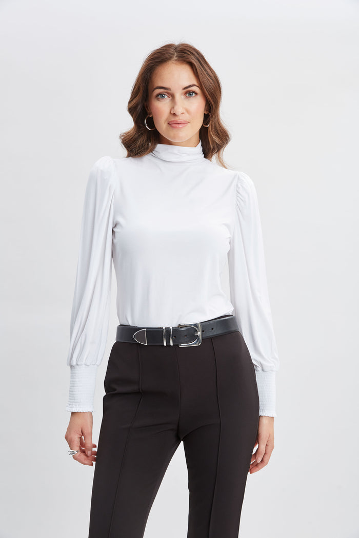 Elie Tahari Smocked Turtleneck Knit WHITE