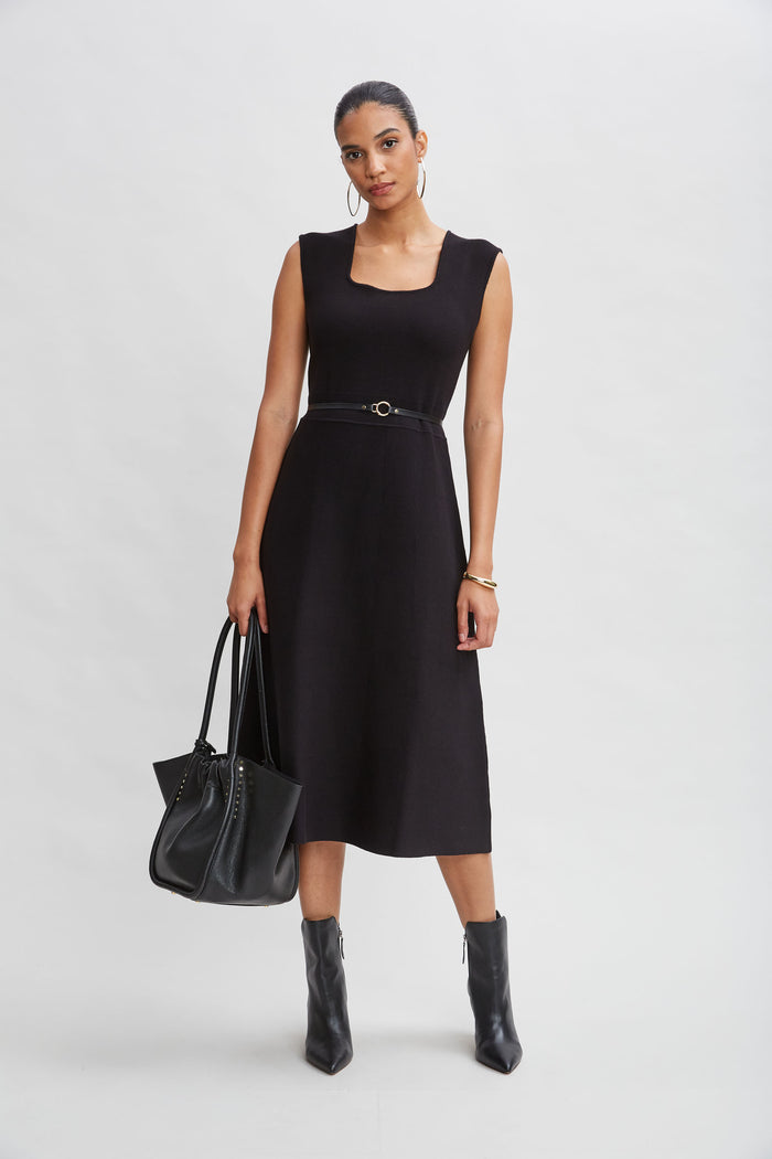 Elie Tahari Square Neck Belted Sweater Dress Noir