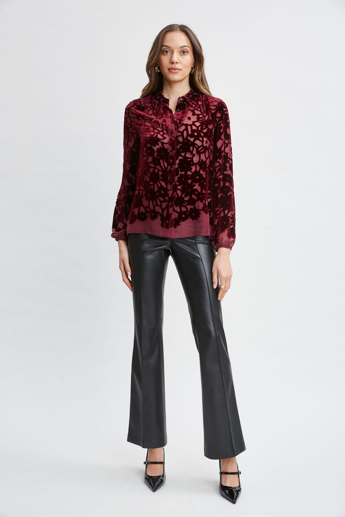 Elie Tahari Stencil Burnout Velvet Shirt BORDEAUX
