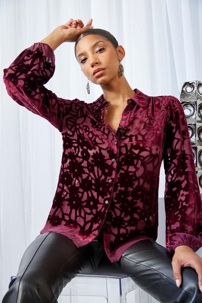 Elie Tahari Stencil Burnout Velvet Shirt BORDEAUX