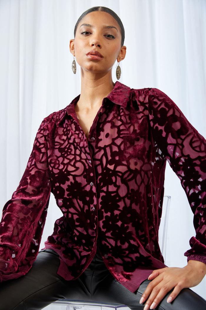 Elie Tahari Stencil Burnout Velvet Shirt BORDEAUX