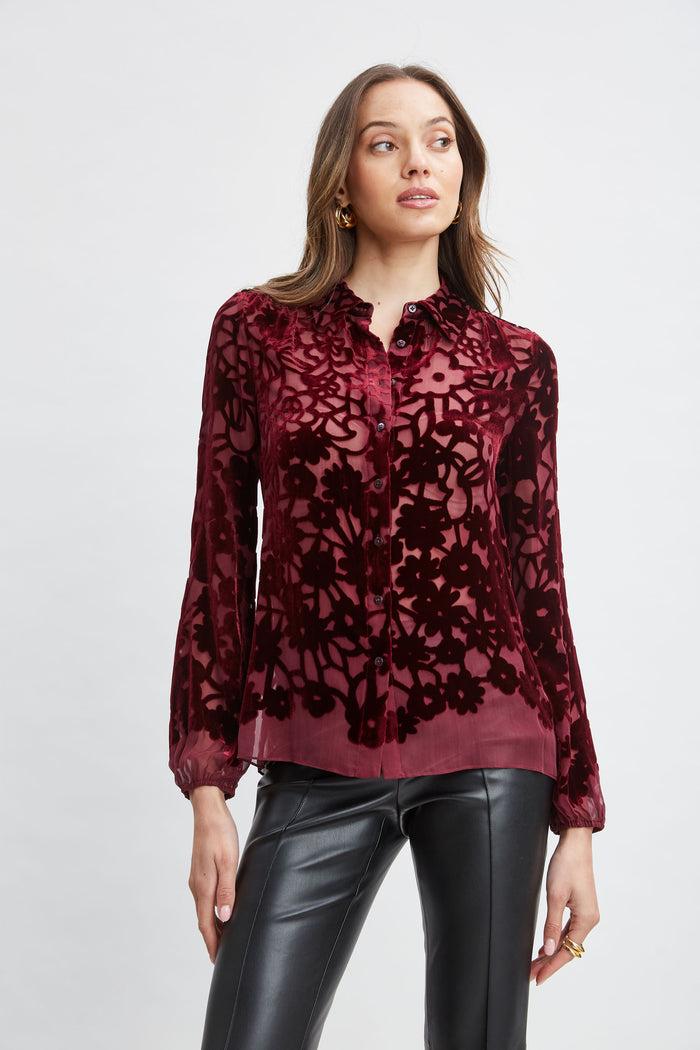 Elie Tahari Stencil Burnout Velvet Shirt BORDEAUX