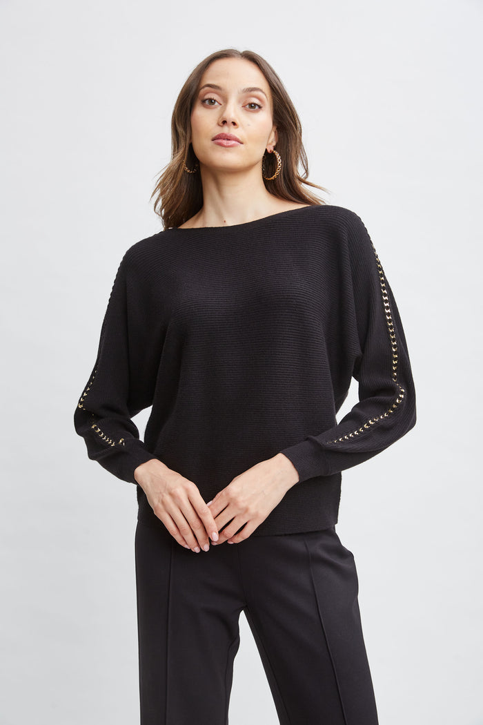 Elie Tahari T-Tahari Chain Sleeve Sweater BLACK